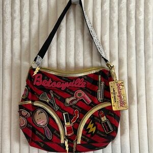 Y2K Betsey Johnson, Betseyville red and black cosmetic embroidered purse